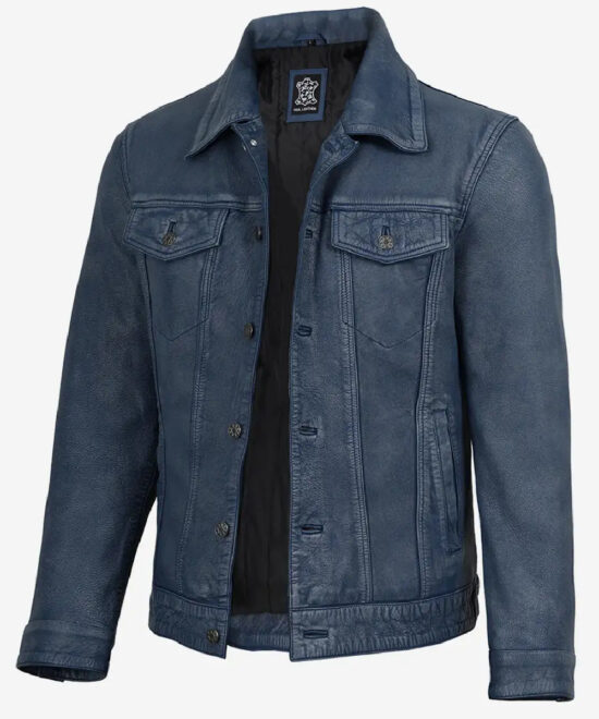 Men’s Blue Washed Leather Trucker Jacket – Rugged Casual Style