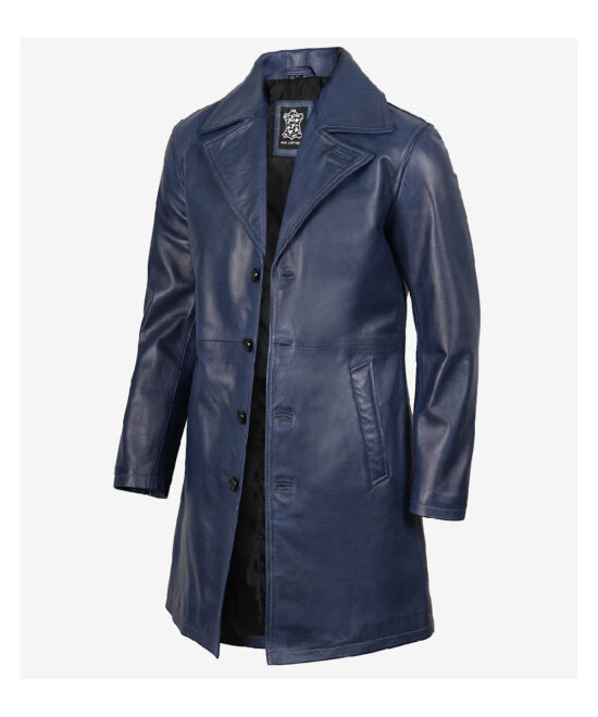 Men’s Blue Waxed Real Leather Car Coat – Classic Long Style