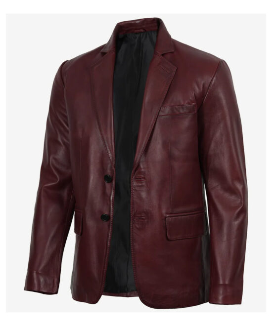 Men’s Burgundy Waxed Leather Blazer – Notch Lapel