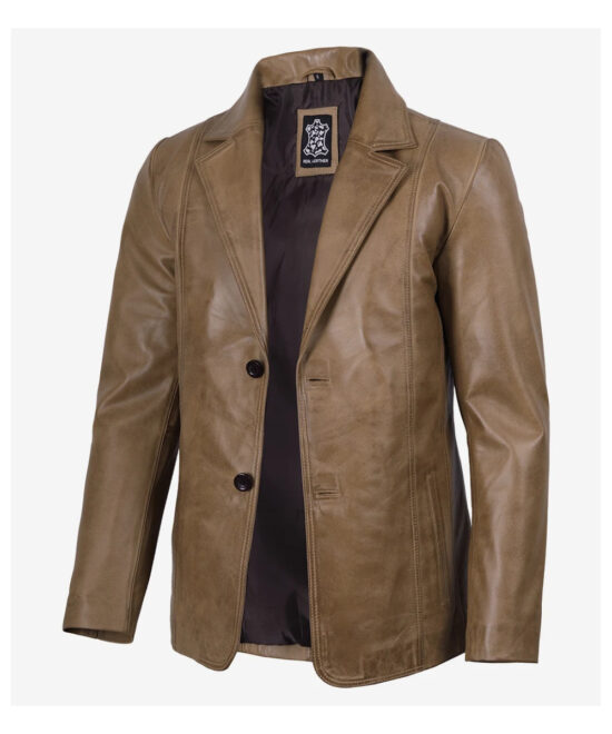 Men’s Cognac Leather Blazer – Classic Notch Lapel