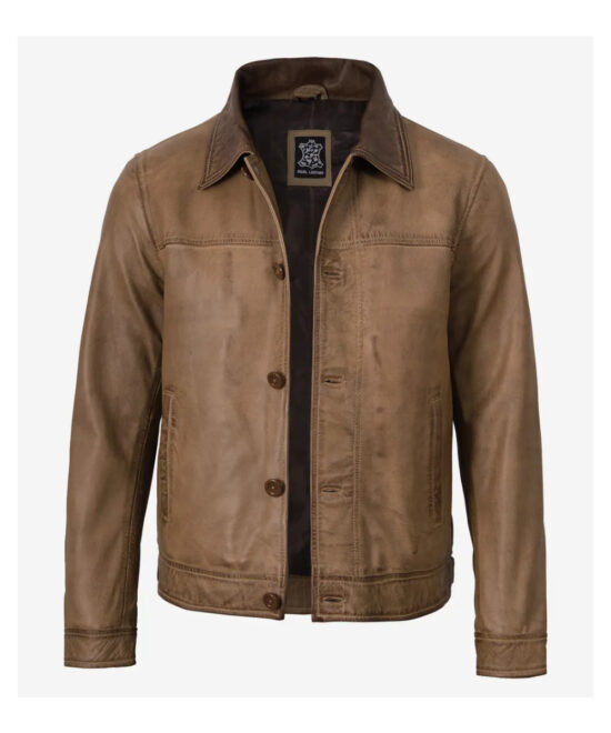 Men’s Camel Waxed Leather Harrington Jacket – Classic Style