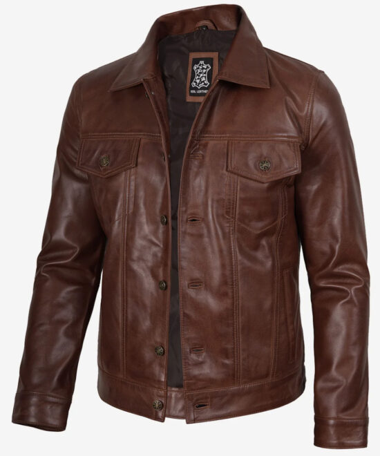 Men’s Cognac Leather Trucker Jacket – Rugged Casual Style