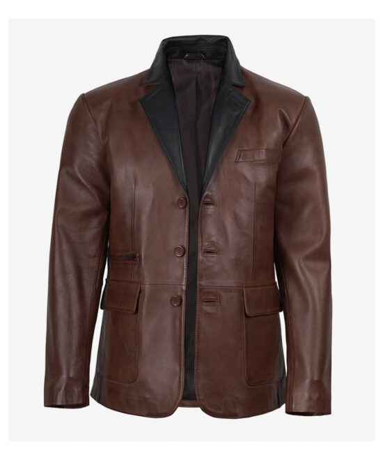 Men’s Cognac Waxed Leather Blazer – Black Lapels