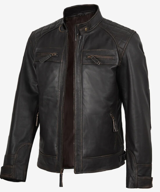 Men’s Dark Brown Leather Biker Jacket – Quilted Shoulder Detail