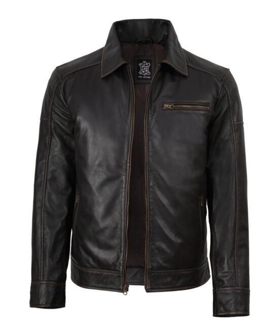 Men’s Dark Brown Rub Off Leather Harrington Jacket – Classic Style