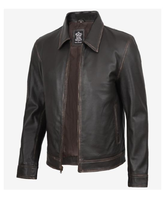 Men’s Dark Brown Rub Off Leather Jacket – Classic Style