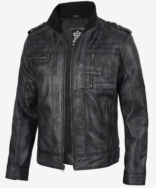 Men’s Distressed Black Leather Biker Jacket – Rugged Style