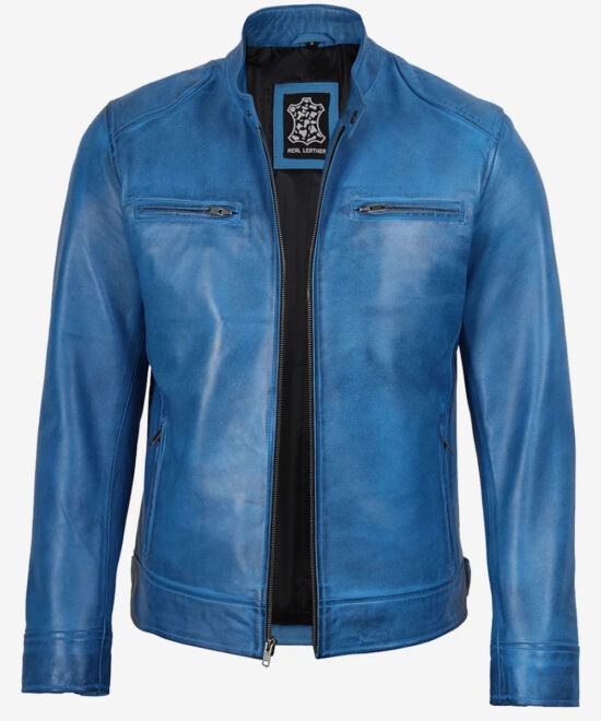 Men’s Distressed Blue Leather Biker Jacket – Vintage Motorcycle Style