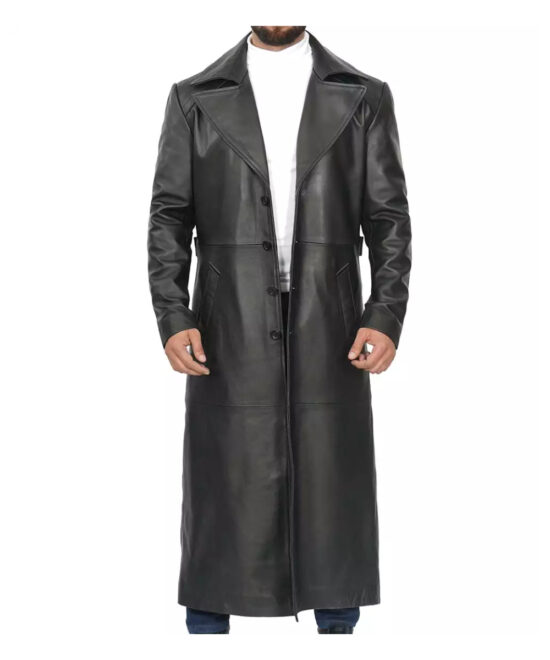 Men’s Long Black Leather Coat – Duster Style