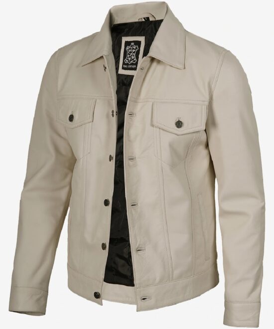 Men’s Off-White Real Leather Trucker Jacket – Four-Pocket Style