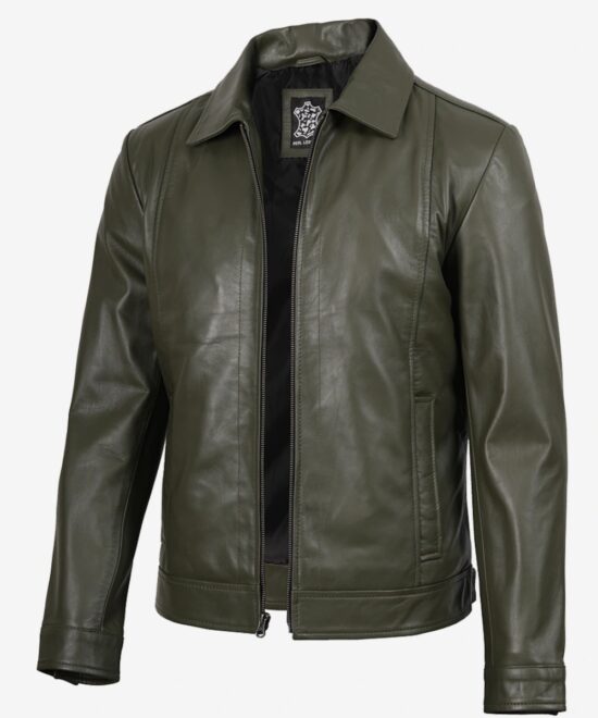 Men’s Olive Green Leather Harrington Jacket – Classic Casual Style