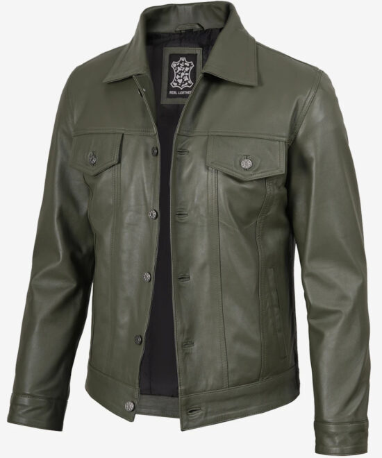 Men’s Olive Green Leather Trucker Jacket – Four-Pocket Utility Style