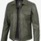 Men’s Olive Green Leather Trucker Jacket – Four-Pocket Utility Style