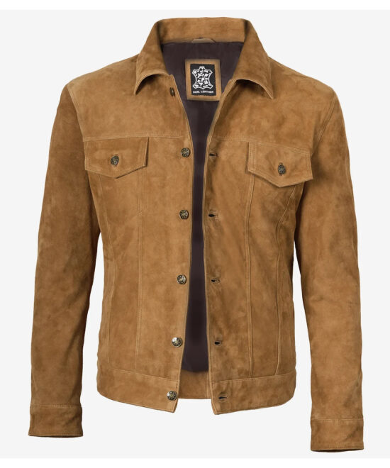 Men’s Tan Real Suede Trucker Jacket – Classic Button-Up Style