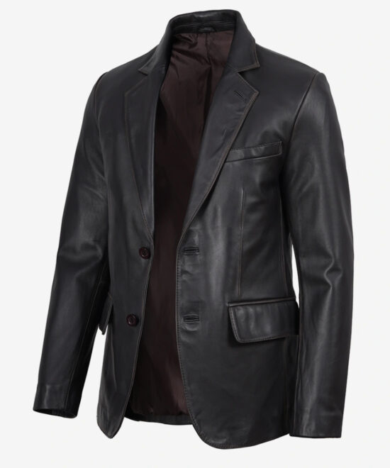 Men’s Vintage Brown Leather Blazer – Classic Two-Button Design