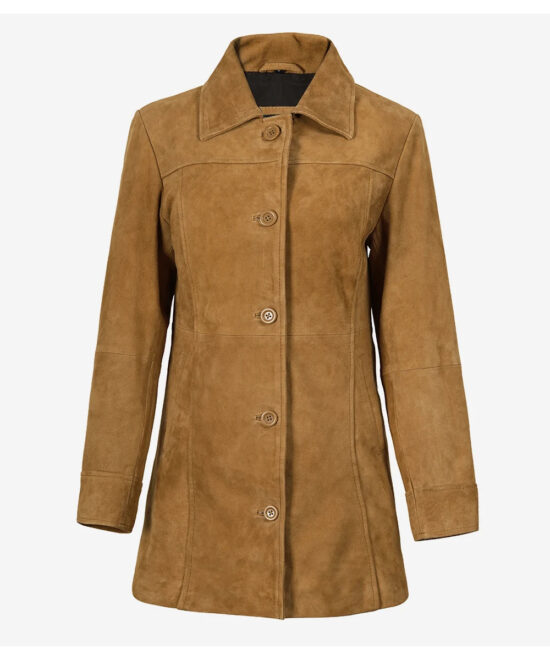 Women’s Premium Brown Suede Coat – Elegant Button-Down Winter Style