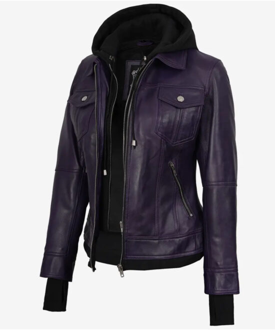 Women’s Purple Leather Bomber Jacket – Detachable Hood Style