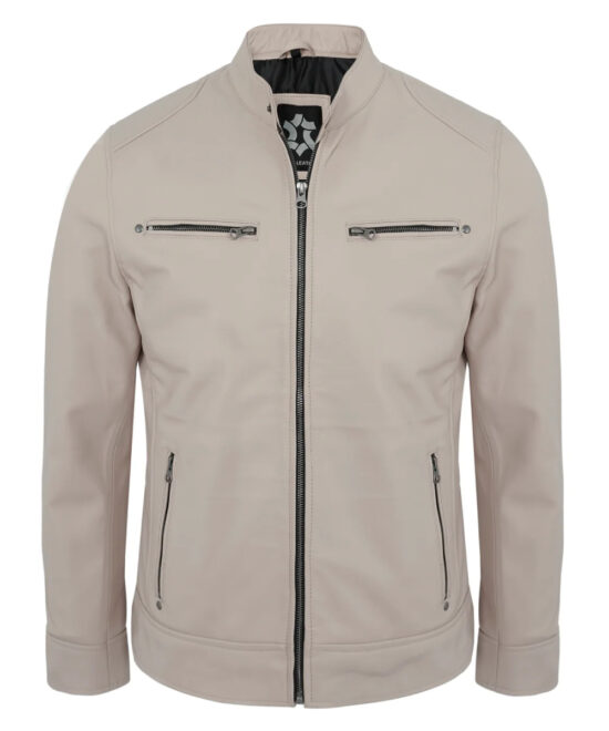 Real Lambskin Beige Cafe Racer Jacket – Men's Biker Leather Jacket