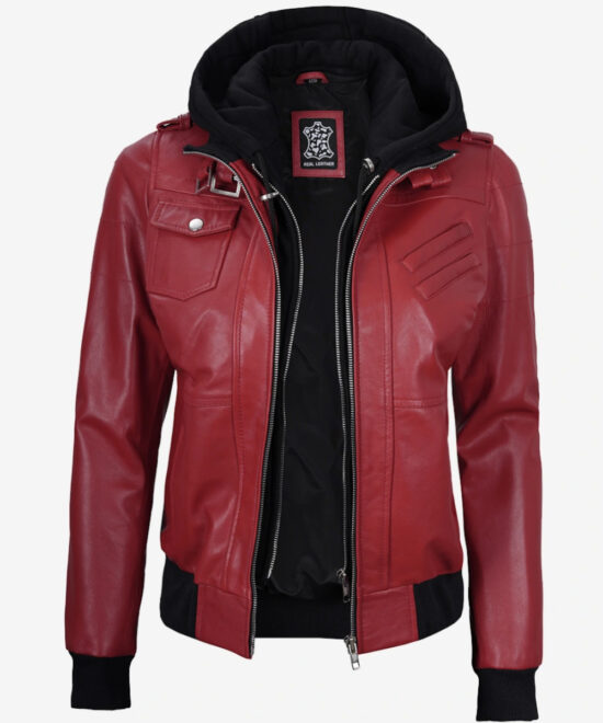 Women’s Red Leather Bomber Jacket – Stylish Hooded Design