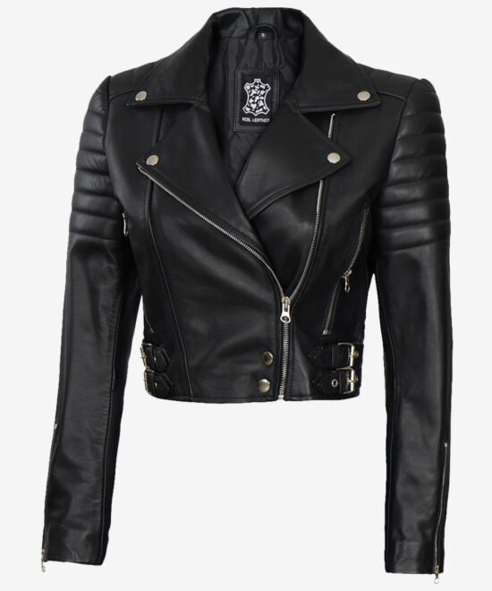 Women’s Black Asymmetric Leather Jacket – Cropped Moto Style