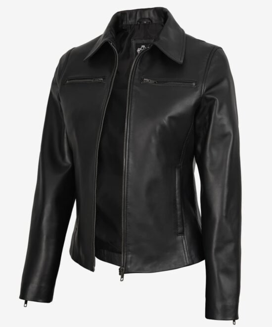 Women’s Black Leather Jacket – Harrington Inspired Design