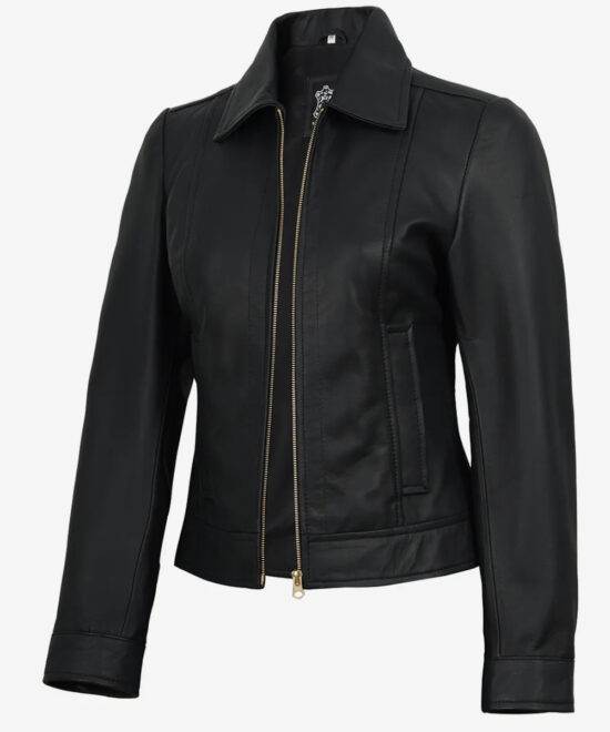 Women’s Black Leather Jacket – Belted Waist & Gold Details