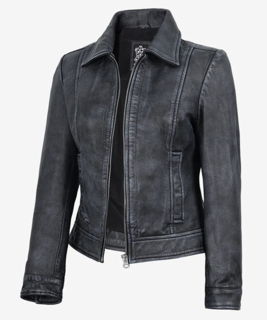 Women’s Black Washed Leather Jacket – Classic Harrington Style