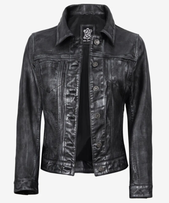 Women’s Black Washed Leather Trucker Jacket – Vintage-Inspired Style