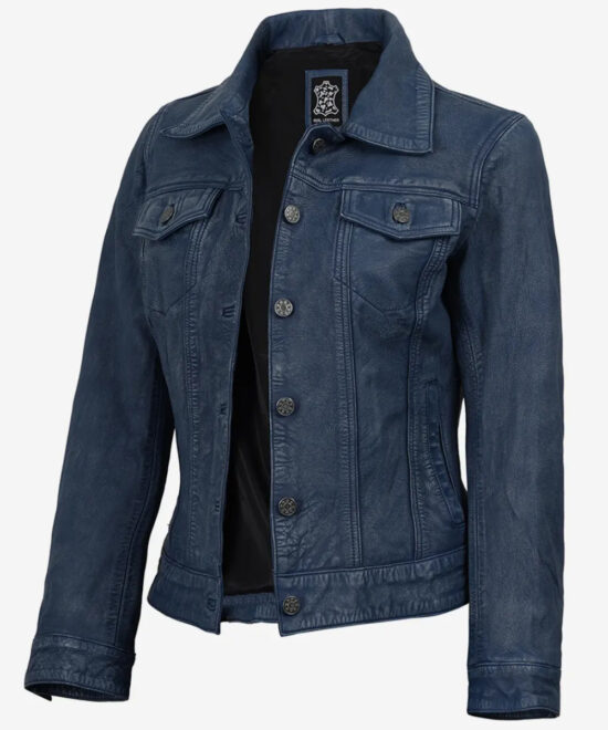 Women’s Blue Washed Leather Trucker Jacket – Classic Denim-Inspired Style
