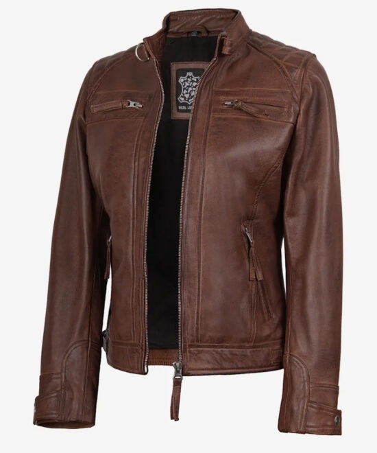 Women’s Cognac Quilted Leather Biker Jacket – Rugged Style