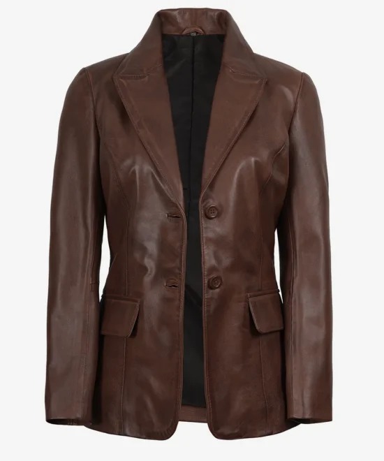 Women's Cognac Waxed Leather Two-Button Blazer