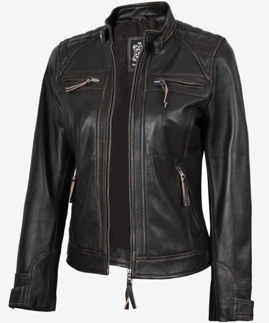 Women’s Distressed Brown Leather Biker Jacket – Vintage Rugged Style