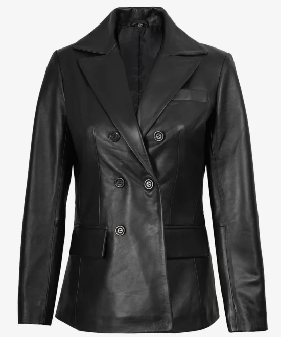 Women's Double Breasted Black Leather Blazer