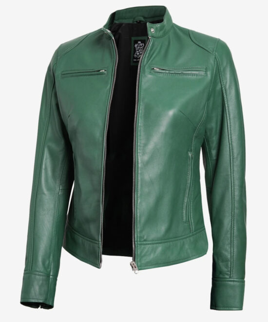 Women’s Green Leather Café Racer Jacket – Sleek Motorcycle Style