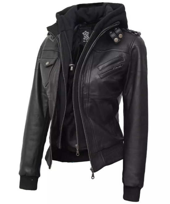 Women’s Petite Black Bomber Jacket – Detachable Hood Design