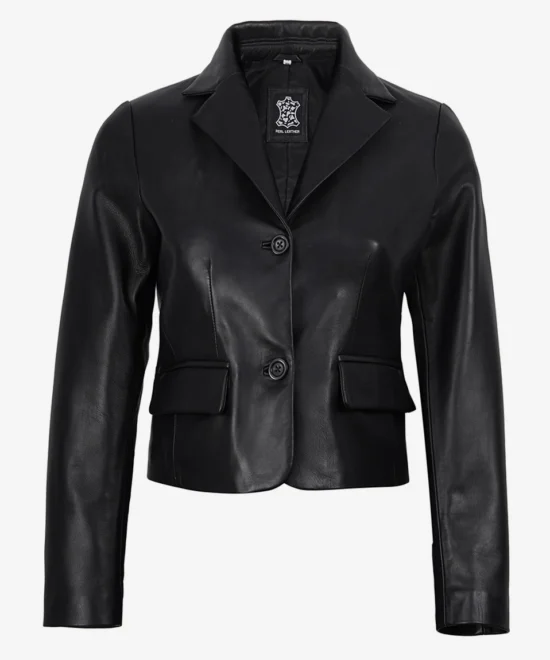 Women's Black Genuine Leather Cropped Blazer – Two Button Tailored Jacket