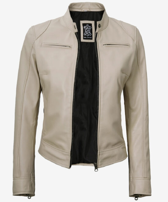 Women’s Beige Leather Café Racer Jacket – Classic Zip-Up Style