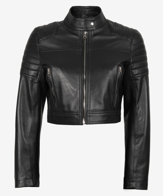 Women’s Black Cropped Leather Moto Jacket – Edgy Everyday Style