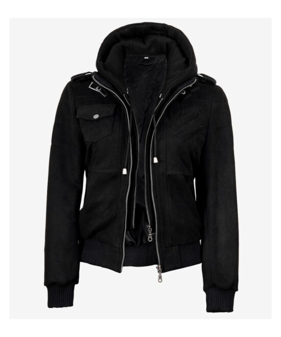 Women’s Black Faux Suede Hooded Jacket – Casual Style