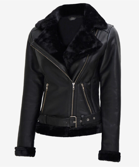 Women’s Black Leather Biker Jacket – Cozy Faux-Shearling Lining