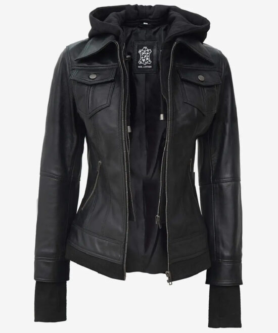 Women’s Black Leather Bomber Jacket – Detachable Hood Style