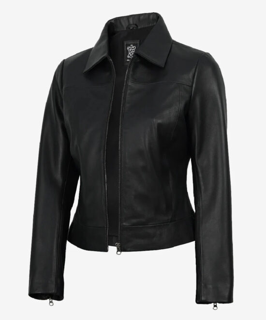 Women’s Black Leather Jacket – Classic Harrington Style