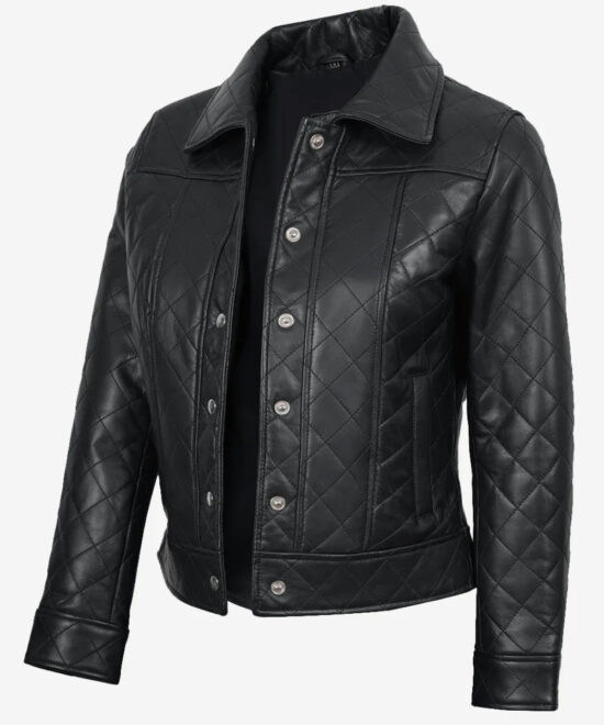 Women’s Black Quilted Leather Jacket – Classic Harrington Design