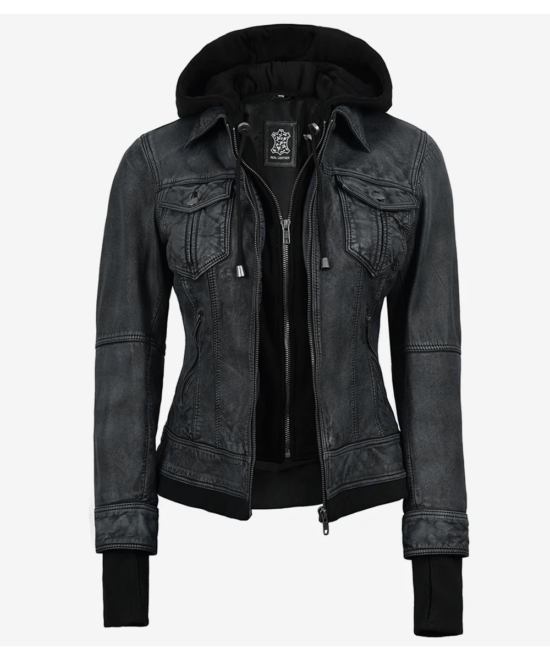 Women’s Black Washed Leather Jacket – Detachable Hood Style