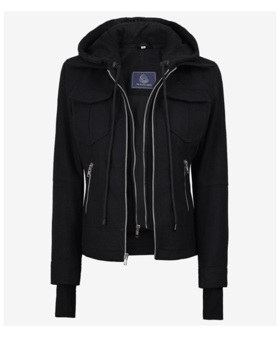 Women’s Black Wool Hooded Jacket – Zip Front Winter Style