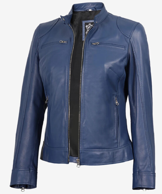 Women’s Blue Leather Café Racer Jacket – Sleek Motorcycle Design