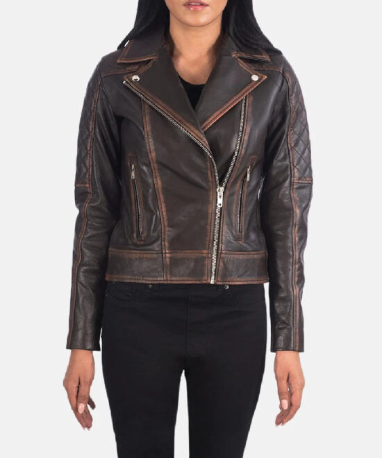Women’s Brown Quilted Leather Moto Jacket – Vintage Style