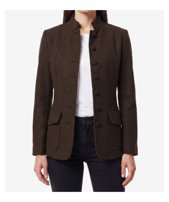 Women’s Brown Wool Military Jacket – Classic Mandarin Collar