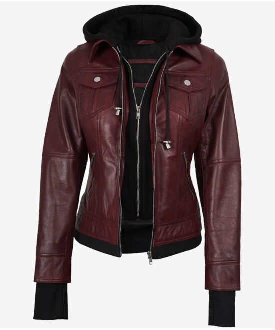 Women’s Burgundy Leather Bomber Jacket – Detachable Hood Style