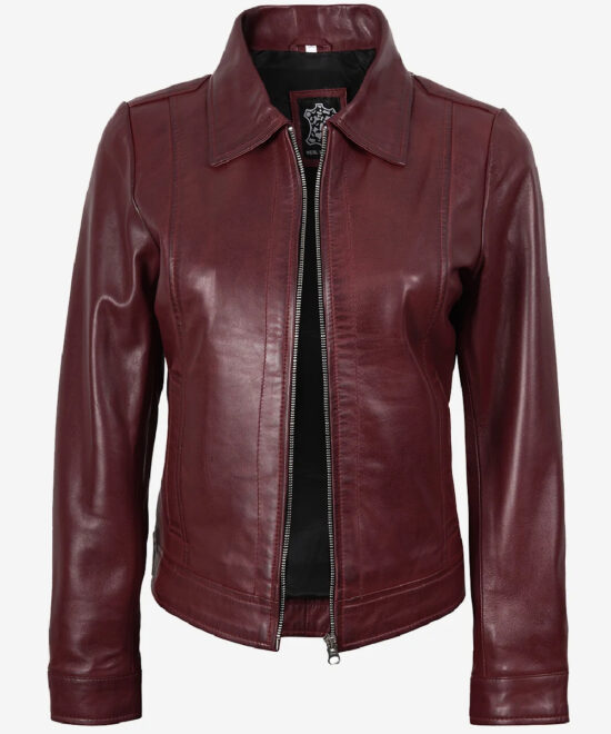 Women’s Burgundy Leather Jacket – Classic Shirt Collar Style